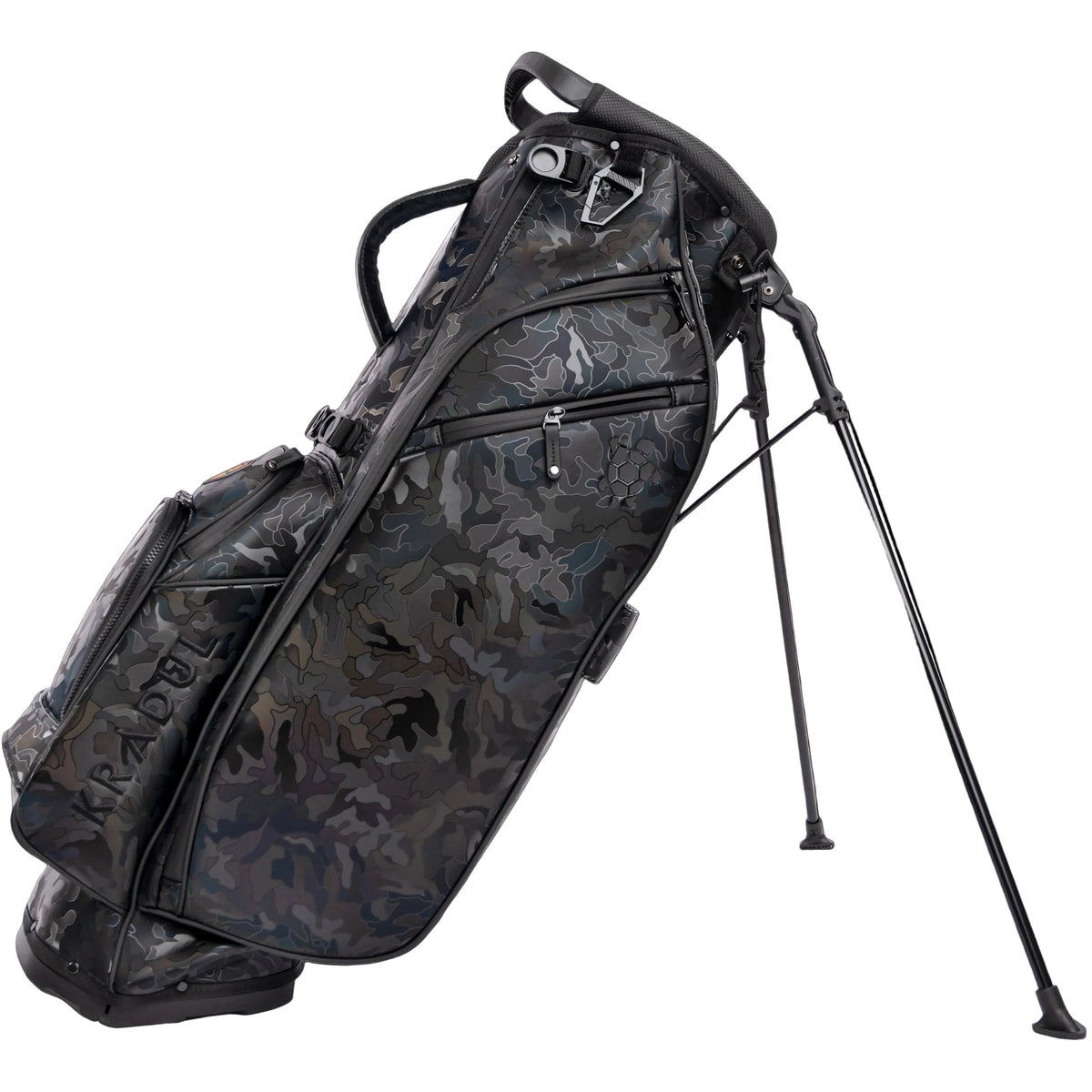A stand golf bag with a dark camouflage pattern, featuring black triple legs and multiple zippered pockets, photographed on a solid white background.