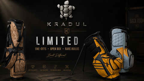 Golf bags with Kradul Limited branding on a dark background